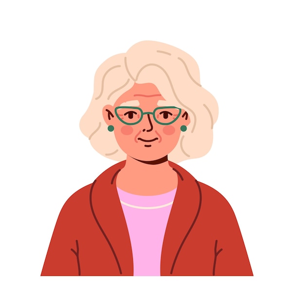 Diverse human portrait concept Old woman in red jacket Senior in casual clothes Avatar of female user for social media Cartoon flat vector illustration isolated on white background