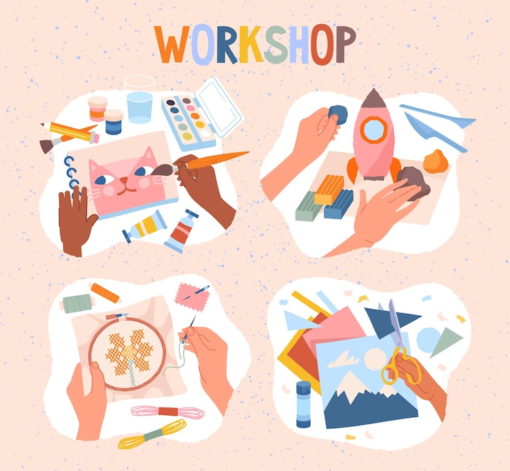 Vector diverse kids painting stitching sculpting from plasticine and cutting colored paper creative top