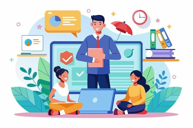 Различные учащиеся взаимодействуют в яркой веб-лекциях с привлекательными иллюстрациями и технологиями Веб-лекции с плоскими иллюстрациями