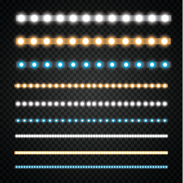 Diverse led strepen op een zwarte en transparante achtergrond, gloeiende led slingers