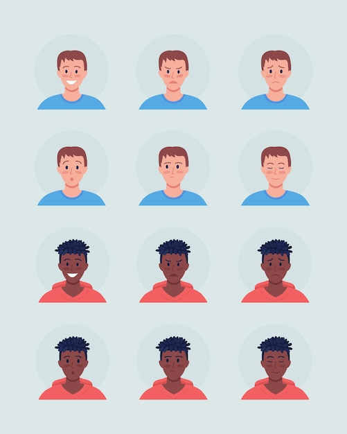 Diverse male facial expressions semi flat color vector character avatar set