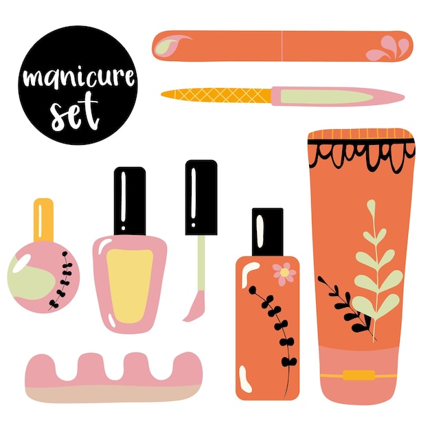 Diverse manicure accessoires, apparatuur, gereedschappen. nagellak, handcrème, nagellakremover, borstel. hand getekend gekleurde vector set. alle elementen zijn geïsoleerd