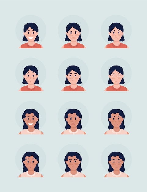 Diverse meisjes worden geconfronteerd met uitdrukkingen semi-egale kleur vector avatar karakterset