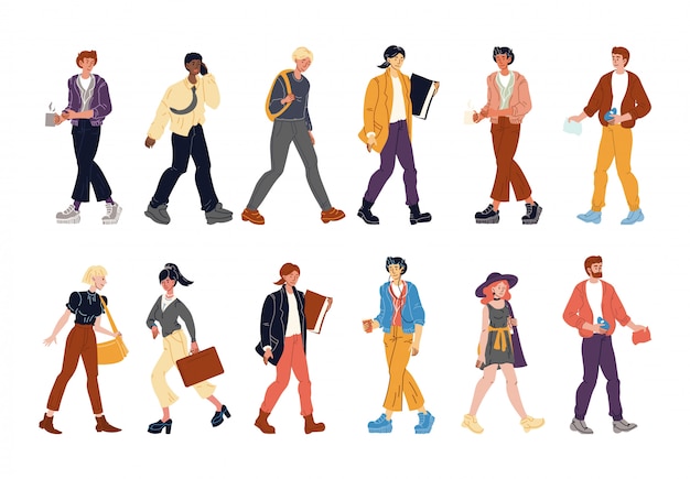 Vector diverse multi-ethnic people walking isolated set