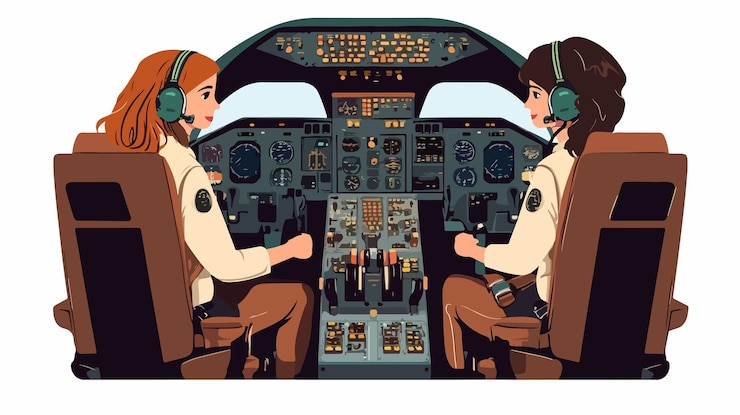 Vector diverse muslim women pilots in cockpit vector illustration