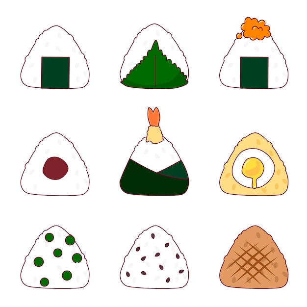 Diverse onigiri Hand getrokken gekleurde Vector set Japanse cartoon stijl Trendy illustratie