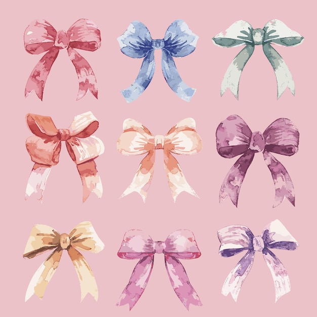 diverse pastel ribbon watercolor bows on pink