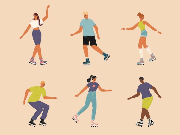 Vector diverse people characters roller skating feeling happy and relaxed isolated set young teenage man and woman rollerblading enjoying summertime leisure vacation vector illustration