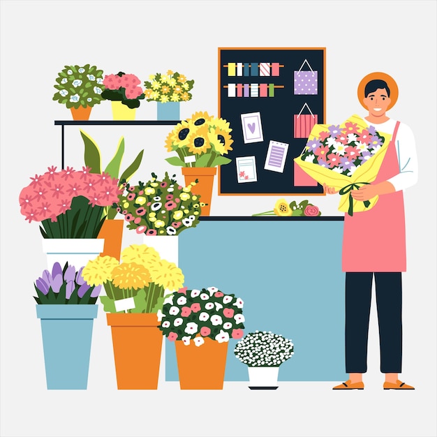 diverse people interacting with flowers at various florist locations