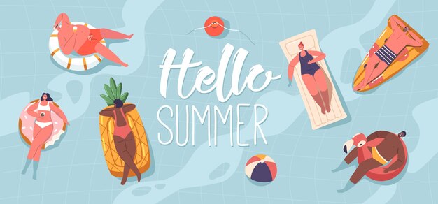Vector diverse people men women having fun relaxing on summer vacation resort male and female characters swimming