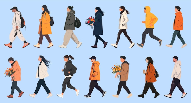Vector 多様な人々が歩くイラスト 孤立した要素セットベクトル