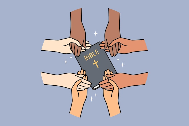 Vector diverse people with bible holding hands