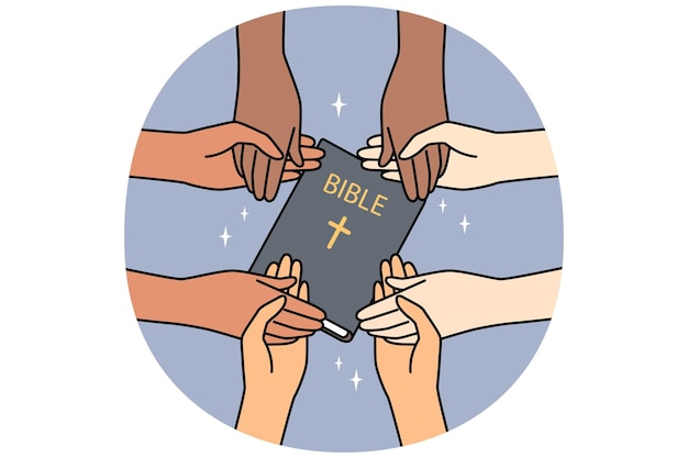 Vector diverse people with bible holding hands