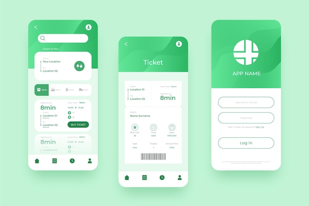 Vector diverse schermen voor mobiele app groen openbaar vervoer