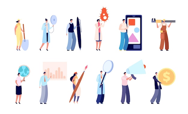 Diverse service characters business people education media
science workers tiny persons hold megaphone brush coin vector set
doctor and teacher builder and nurse medical profession
illustration
