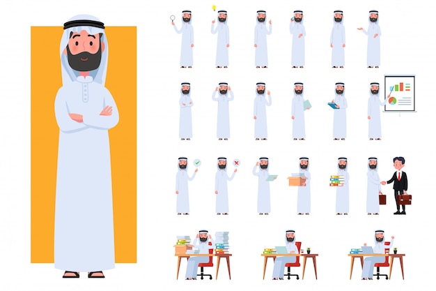 Vector diverse set of arab man on white. muslim businessman with gadgets in flat design people characters.