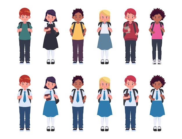 Vector diverse set of children with backpacks in school uniform and casual clothes. cute cartoon simple flat vector style. back to school illustration.