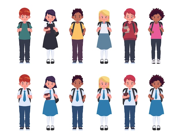 Diverse set van kinderen met rugzakken in schooluniform en vrijetijdskleding. Schattige cartoon eenvoudige platte vector stijl. Terug naar school illustratie.