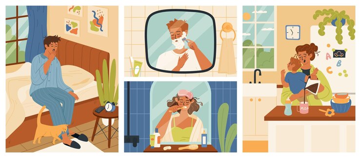 Vector diverse sleepy people morning routine scene set