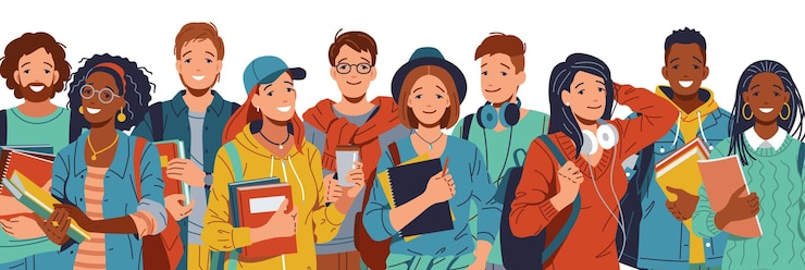 Vector diverse studenten omhelzen en poseren samen voor een collageproject op een witte achtergrond