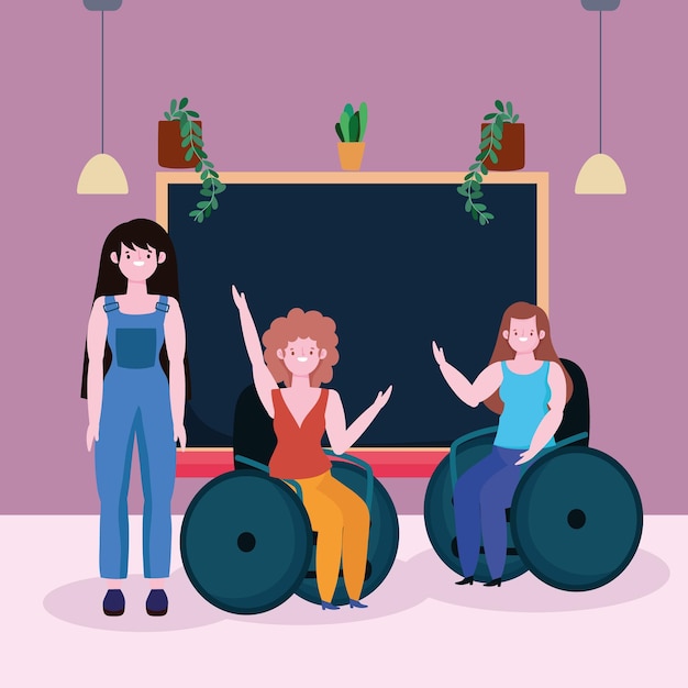 Diverse students people and disabled girl sitting in a wheelchair, inclusion  illustration