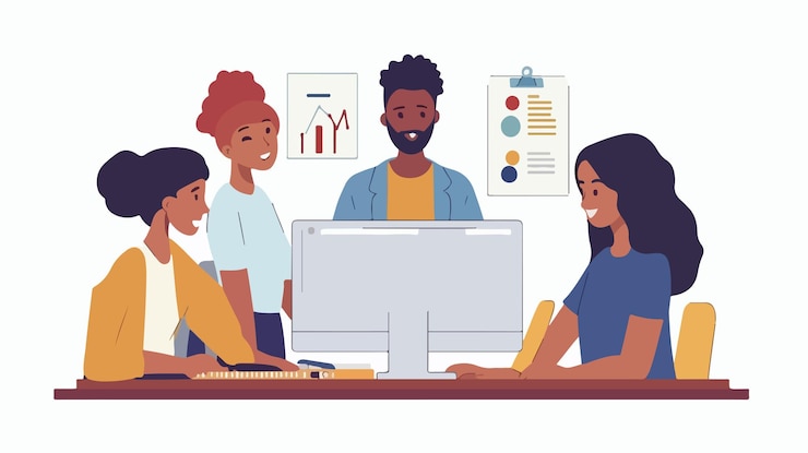 Vector diverse team analyzing business data on computer