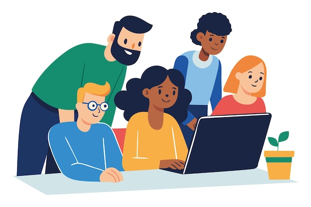 diverse team brainstorming with computer flat vector illustration collab concept illustration