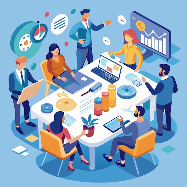 Diverse team of businesspeople brainstorming around a table working on a project together