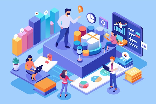 一支多元化的团队在SEO分析上合作,使用各种工具分析数据并创建策略.