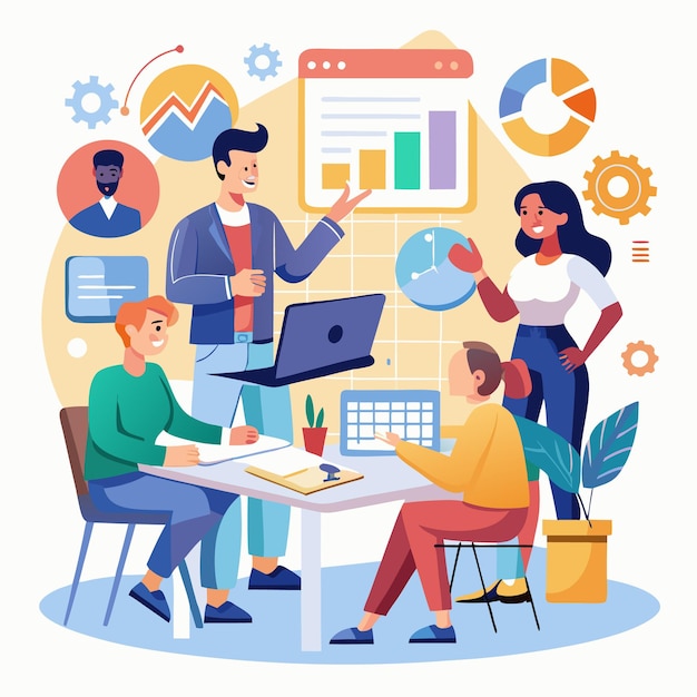 diverse team of colleagues working together on a project discussing charts and data