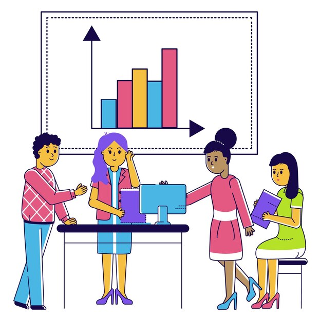 Diverse team discussing data with bar graph businesspeople analysis corporate meeting office workers