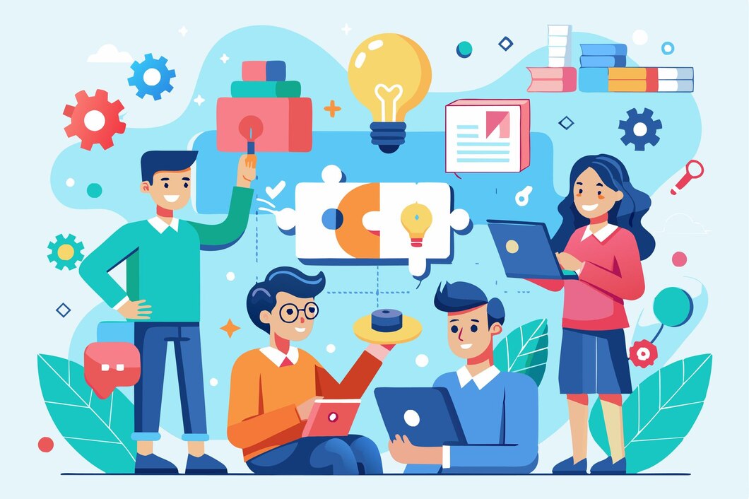 A diverse team engages in collaborative problem solving using tools and ...