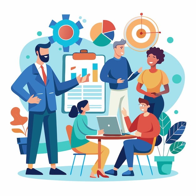 a diverse team of four people are having a meeting with a leader there are charts and graphs on the wall to illustrate their goals