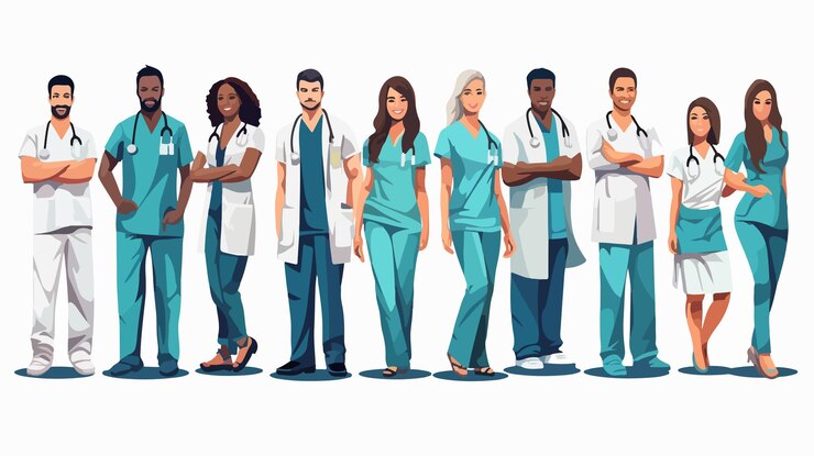 Vector diverse team of medical professionals in uniforms standing together
