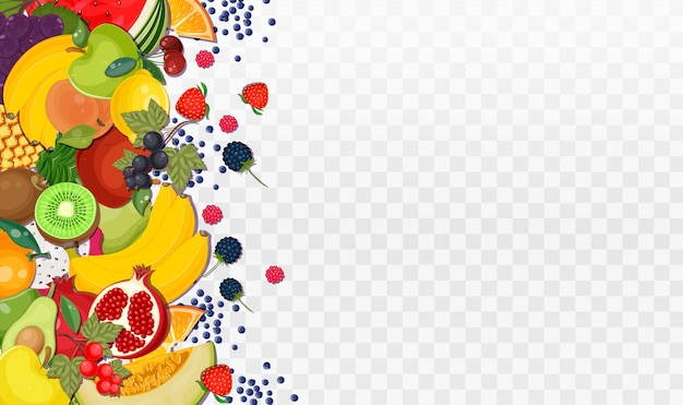Diverse vers fruit collectie aan de linkerkant Gezonde voeding Set meloen watermeloen ananas oranje appel avocado Vitamine dieet zomeroogst Geïsoleerd op witte achtergrond Vector illustratie