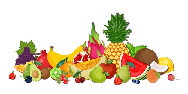 Vector diverse vers fruit collectie gezond vegetarisch eten set van meloen banaan watermeloen ananas sinaasappel appel avocado vitamine dieet zomeroogst witte achtergrond vectorillustratie