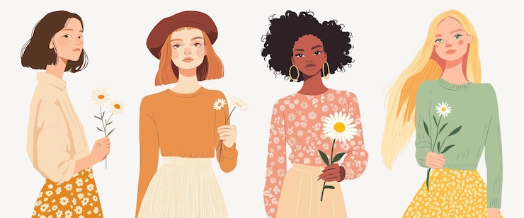 Vector diverse vrouwen met bloemen element vector set