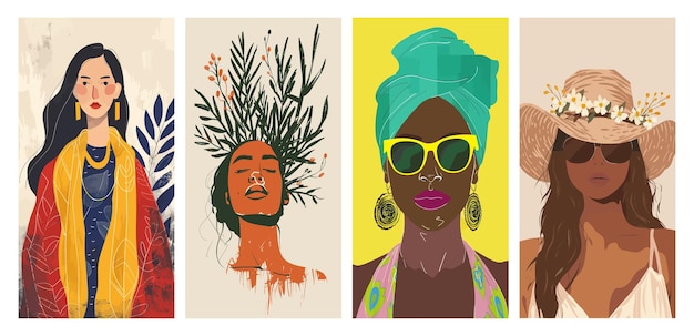 Vector diverse vrouwenportretten vectorillustratie voor moderne kunstwerken en posters