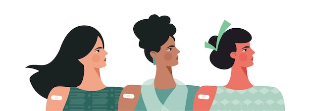 Diverse donne dopo il concetto di vaccinazione iniezione di vaccino nella spalla del braccio set di personaggio femminile multirazziale dopo aver ricevuto il vaccino illustrazione di cartone animato vettoriale piatto per modello di banner web