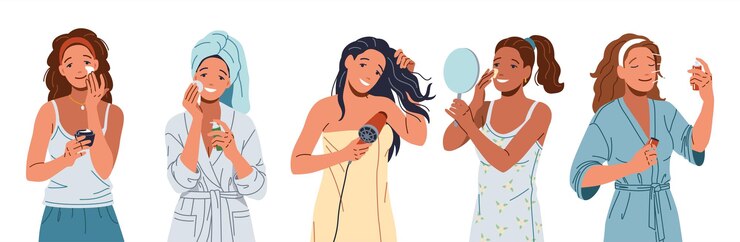 Vector diverse women beauty care flat color vector icon set