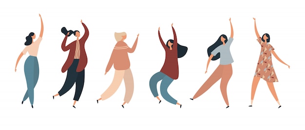 Vector diverse women dancing in excitement. flat illustration