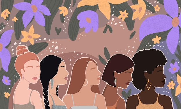 Разные женщины вместе Абстрактная векторная иллюстрация с листьями и цветами