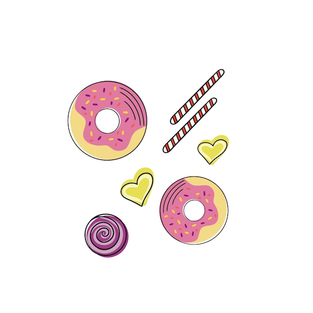 Diverse zoetigheden, waaronder karamels, snoepjes, donuts Vectorillustratie