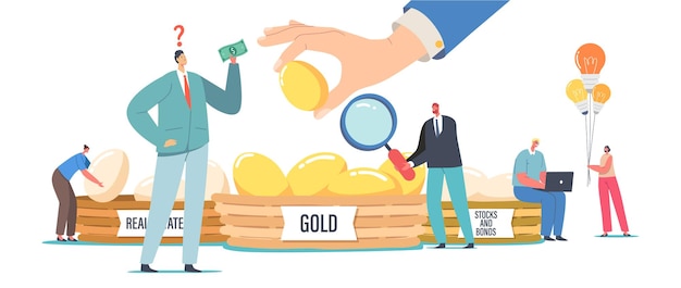 Diversification investment, financial success and balance, risk management, guarantee of security financial savings. people invest in gold, real estate, bonds and stocks. cartoon vector illustration