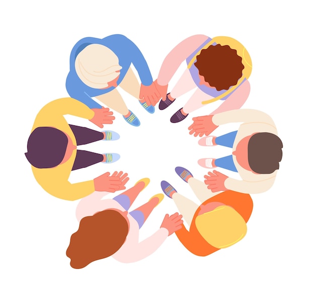 Diversity community Round team society hugging or start new project Friends stand in circle and touch hands isolated human solidarity utter vector scene