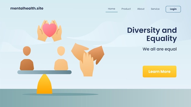 Diversity and equality concept landing page icons modern cartoon flat color isolated background