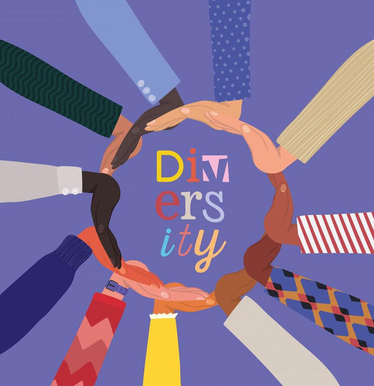 Vector diversity of hands in circle shaped touching each other design, people multiethnic race and community theme