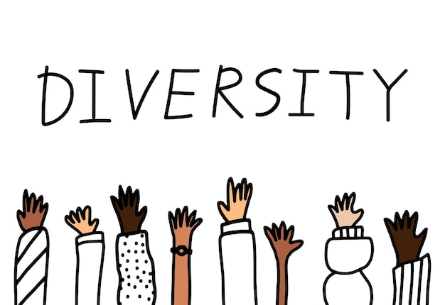 Vector diversity vector concept illustration isolated on white background doodle drawing hands raised up with different skin colour