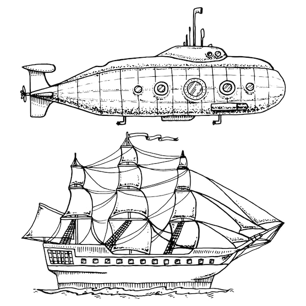 Вектор Погружения с военной подводной лодки или подводного катера с перископом в глубокое море. круизный корабль или парусник иллюстрации.