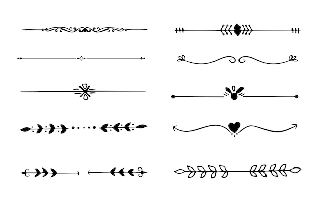 Набор разделителей, элементы каллиграфического дизайна, набор декоративных филигранных завитушек и тонких разделителей.